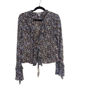 Lucky Brand Floral Sheer Tie Front Top Blue Size M
